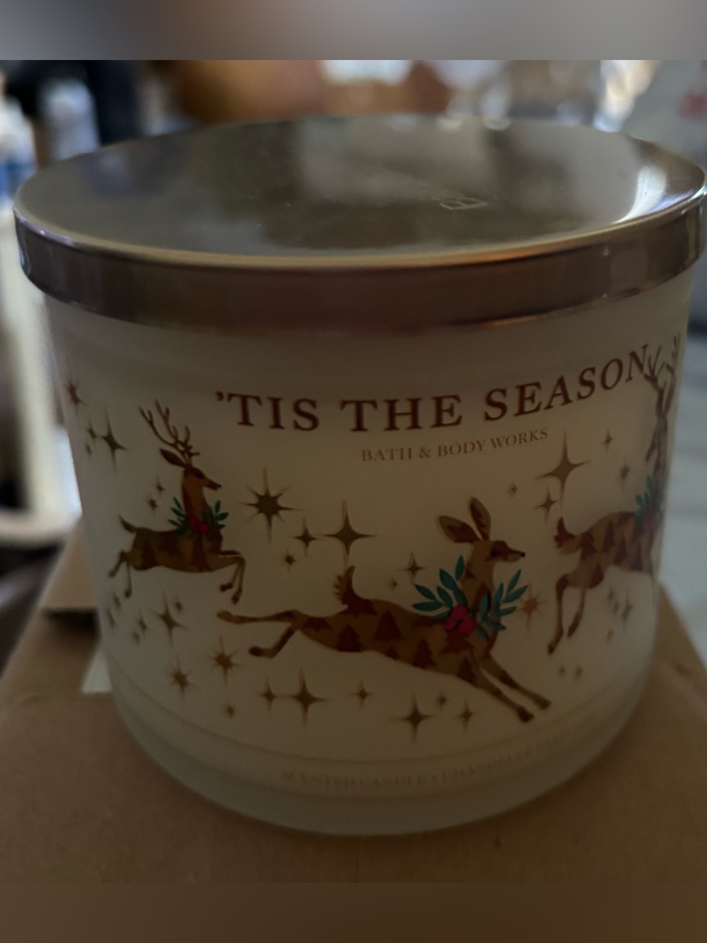 Bath & Body Works White Holiday 'Tis The Season Candle with Gold Accents